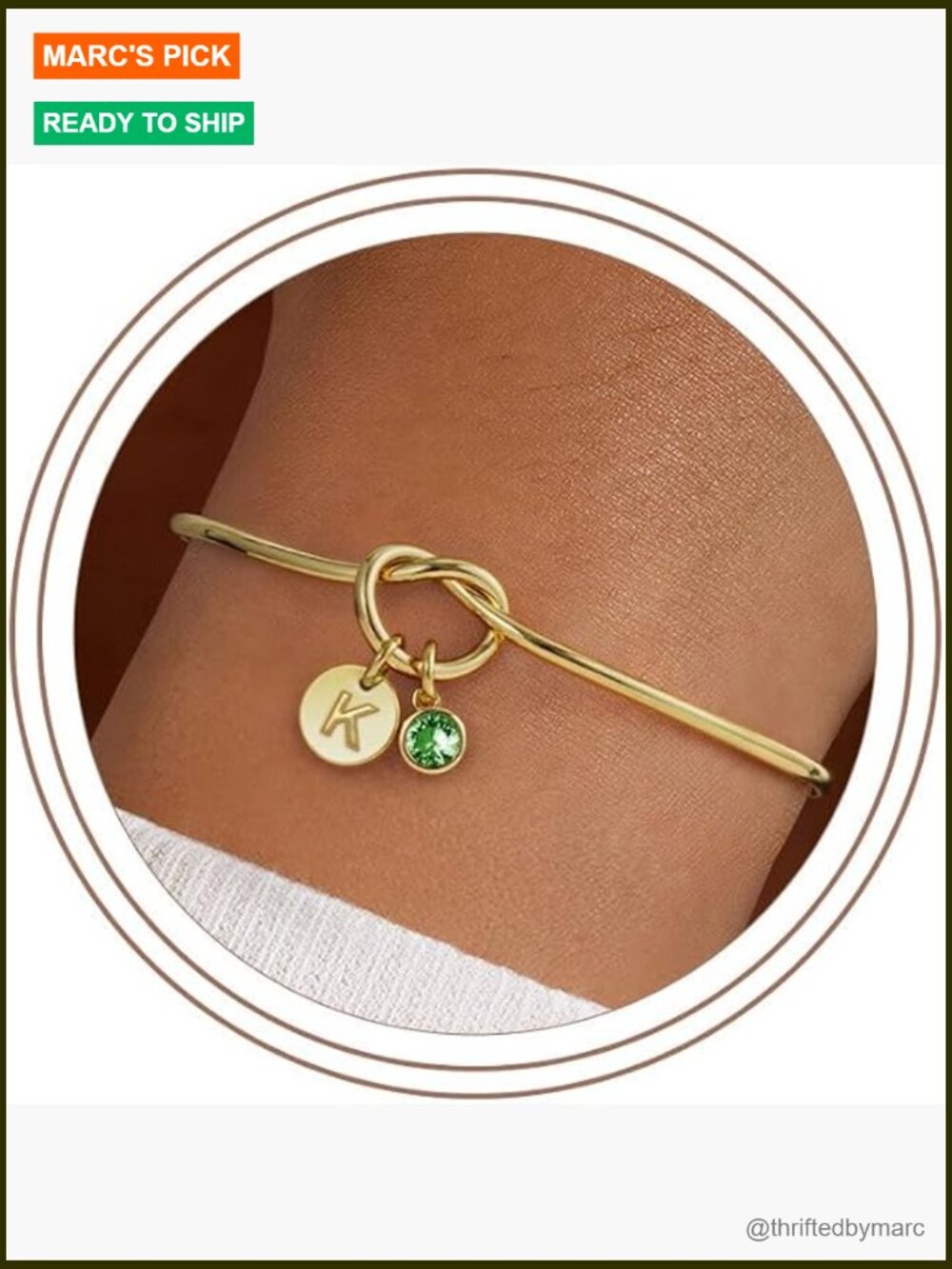 Initial Birthstone Knot Bangle Bracelet 14K Gold Plated Adjustable